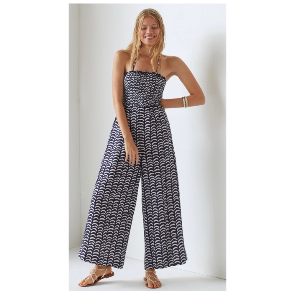 NWOT Anthropologie Maeve Smocked Sunset Jumpsuit in Navy & White Size 4